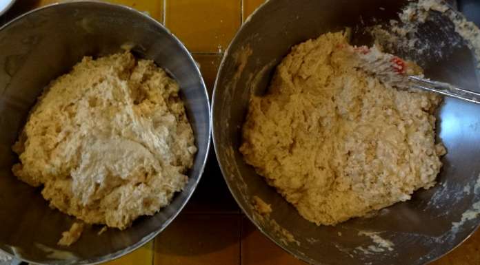 Séparer la pâte en deux pour faire dans l'un le Gâteau aux coings épeautre amandes et raisins secs